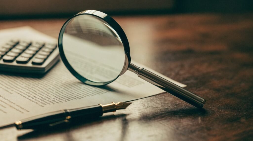 Lupa apoiada sobre página de contrato com letras miúdas, ao lado de calculadora e caneta tinteiro