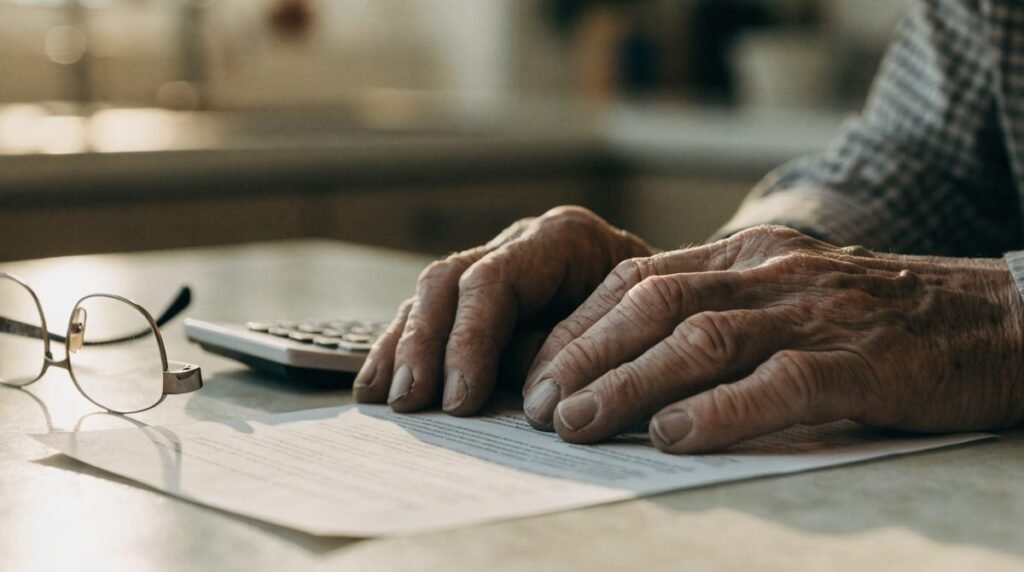 Mãos de pessoa idosa apoiadas em documento impresso ao lado de óculos de leitura e calculadora
