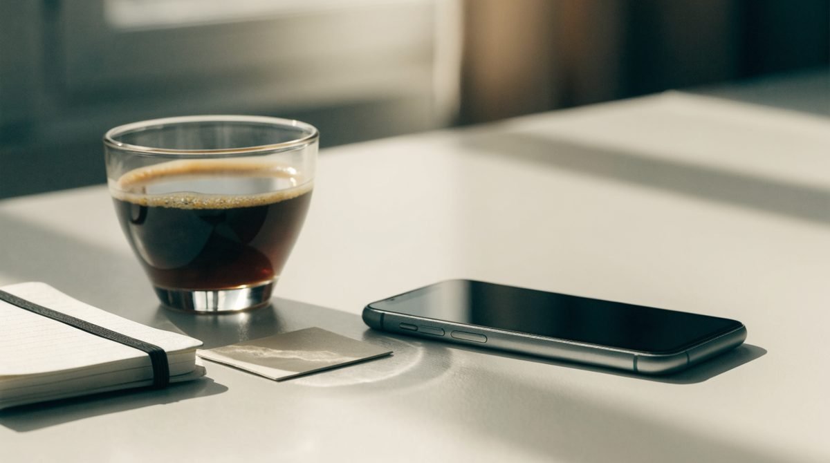 Celular de tela apagada sobre mesa clara ao lado de xícara de café, caderno e cartão