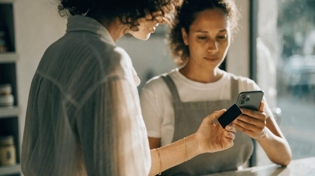 Lojista recebendo pagamento de cliente por aproximação usando o celular como maquininha
