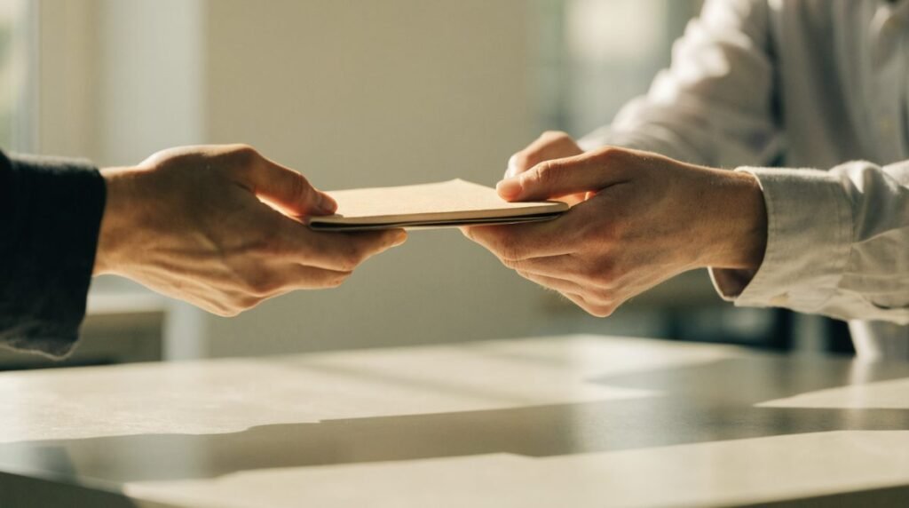 Duas mãos transferindo pasta fechada de documentos sobre mesa, representando portabilidade