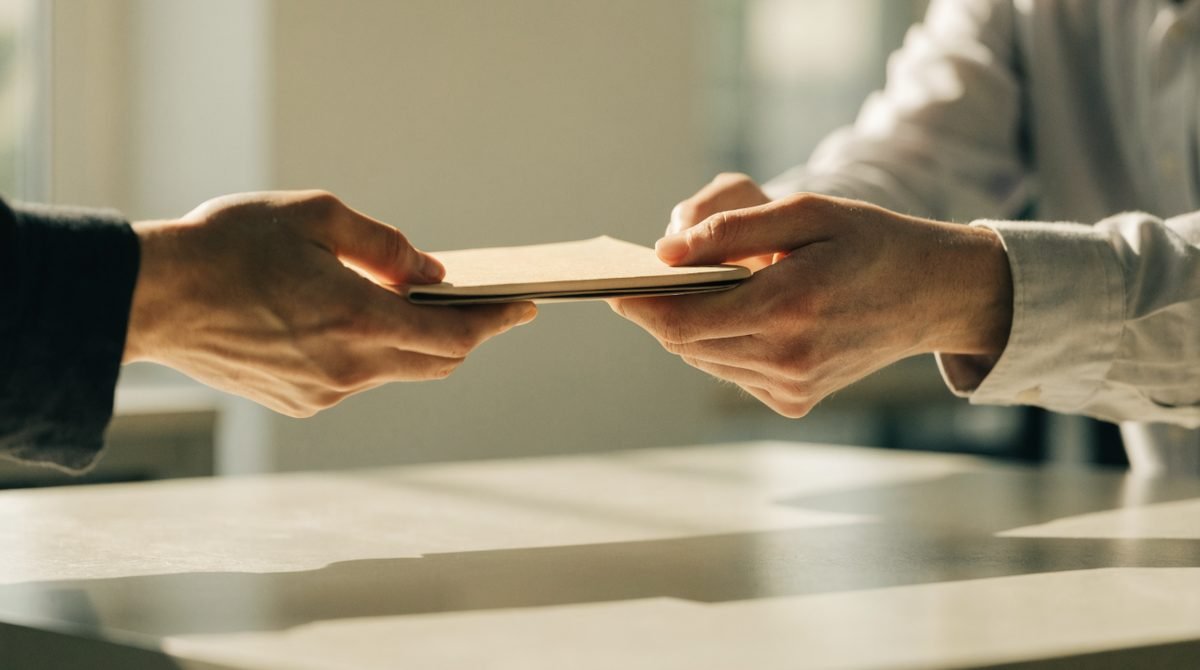 Duas mãos transferindo pasta fechada de documentos sobre mesa, representando portabilidade