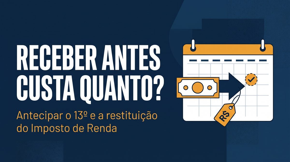 Arte com a pergunta Receber antes custa quanto? ao lado de um calendário com seta de avanço puxando uma nota de dinheiro
