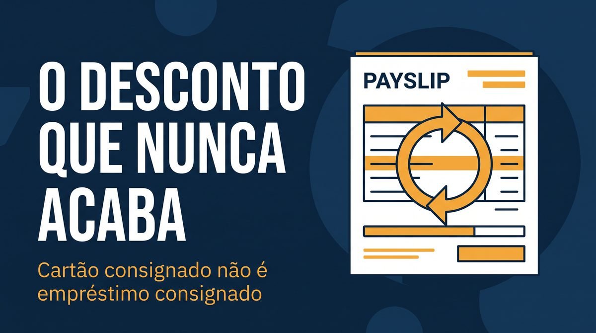 Arte com o texto O desconto que nunca acaba ao lado de um contracheque com seta circular de repetição