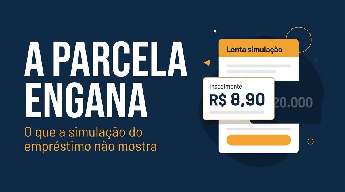 Arte com o texto A parcela engana ao lado de um cartão de simulação de empréstimo