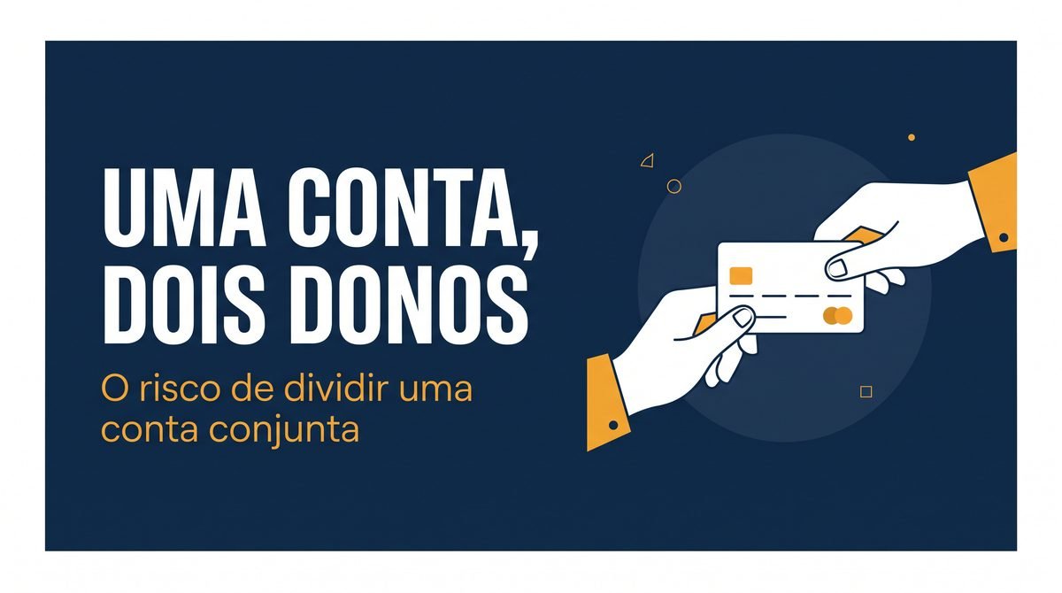 Arte com o texto Uma conta, dois donos ao lado de duas mãos segurando o mesmo cartão bancário