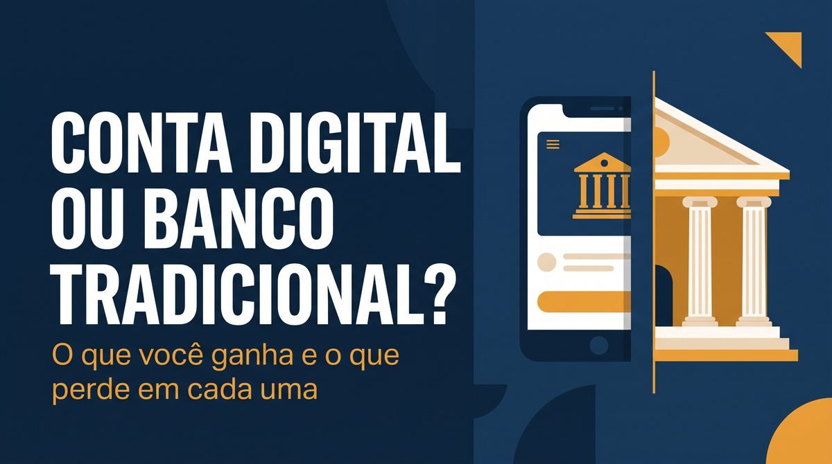 Arte com a pergunta Conta digital ou banco tradicional? entre um celular com aplicativo bancário e um prédio de banco