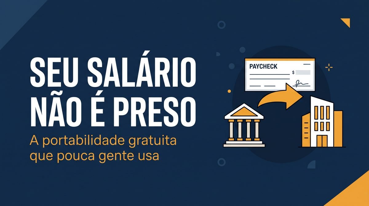 Arte com o texto Seu salário não é preso ao lado de um contracheque sendo redirecionado entre dois prédios
