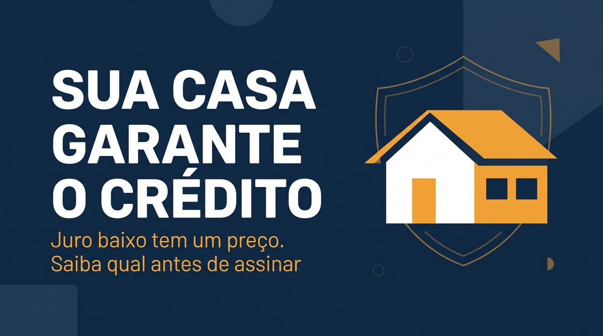 Arte com o texto Sua casa garante o crédito ao lado da ilustração de uma casa protegida por um escudo