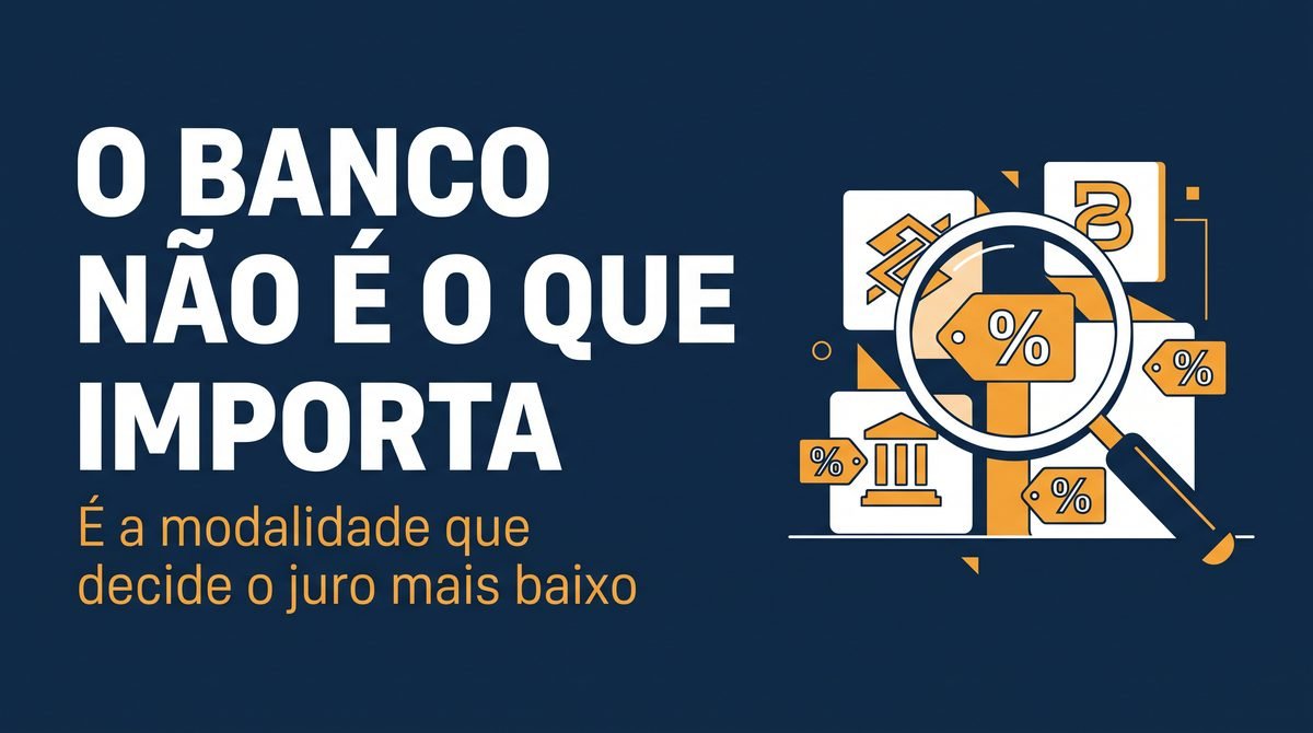 Arte com o texto O banco não é o que importa ao lado de uma lupa sobre etiquetas de porcentagem