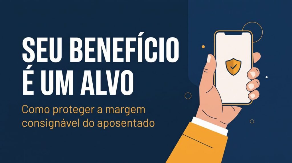 Arte com o texto Seu benefício é um alvo ao lado de uma mão segurando um celular com ícone de escudo
