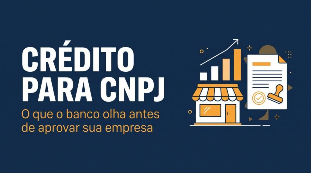 Arte com o texto Crédito para CNPJ ao lado de uma pequena loja, gráfico de barras em alta e documento carimbado