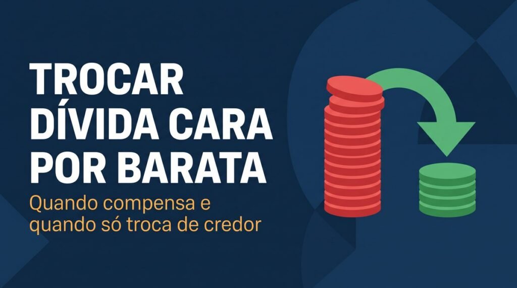 Arte com o texto Trocar dívida cara por barata ao lado de pilhas de moedas ligadas por uma seta de troca