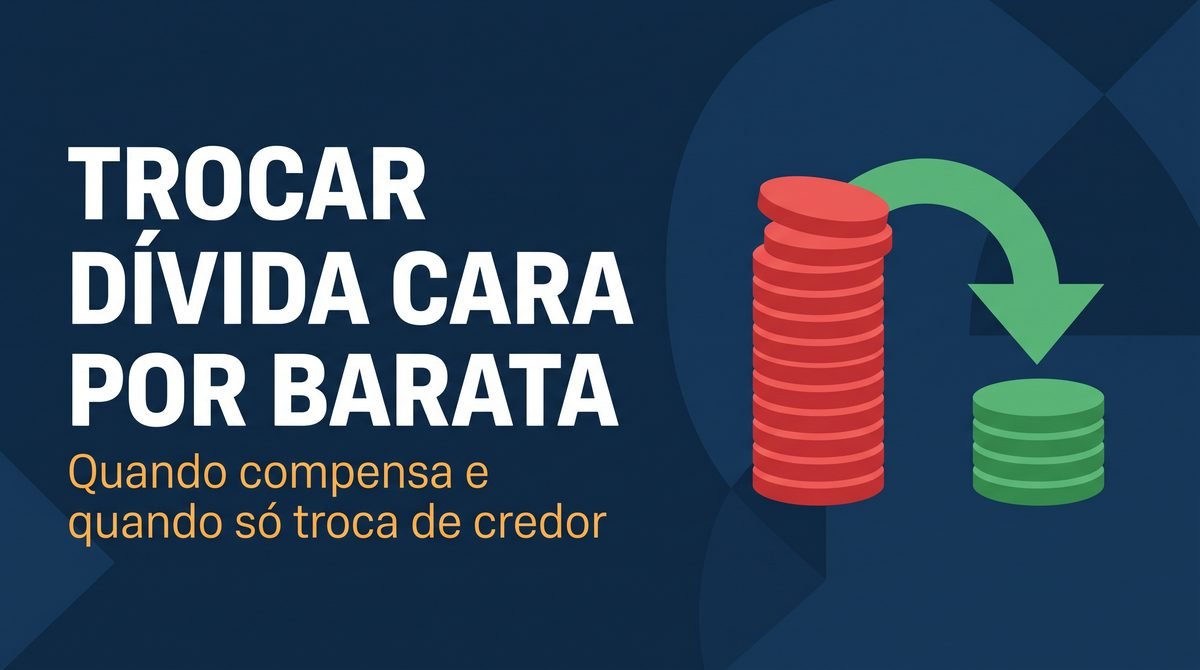 Arte com o texto Trocar dívida cara por barata ao lado de pilhas de moedas ligadas por uma seta de troca
