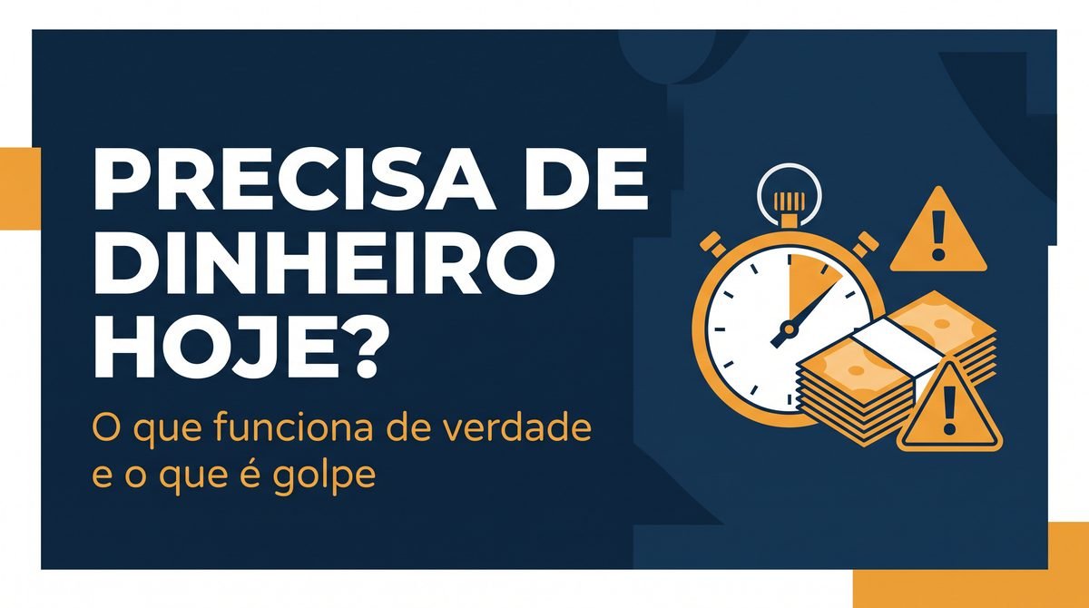 Arte com a pergunta Precisa de dinheiro hoje? ao lado de um cronômetro e notas de dinheiro com símbolos de alerta