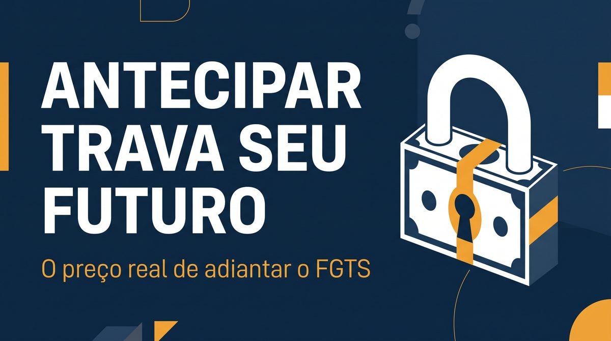 Arte com o texto Antecipar trava seu futuro ao lado de um cadeado feito de notas de dinheiro