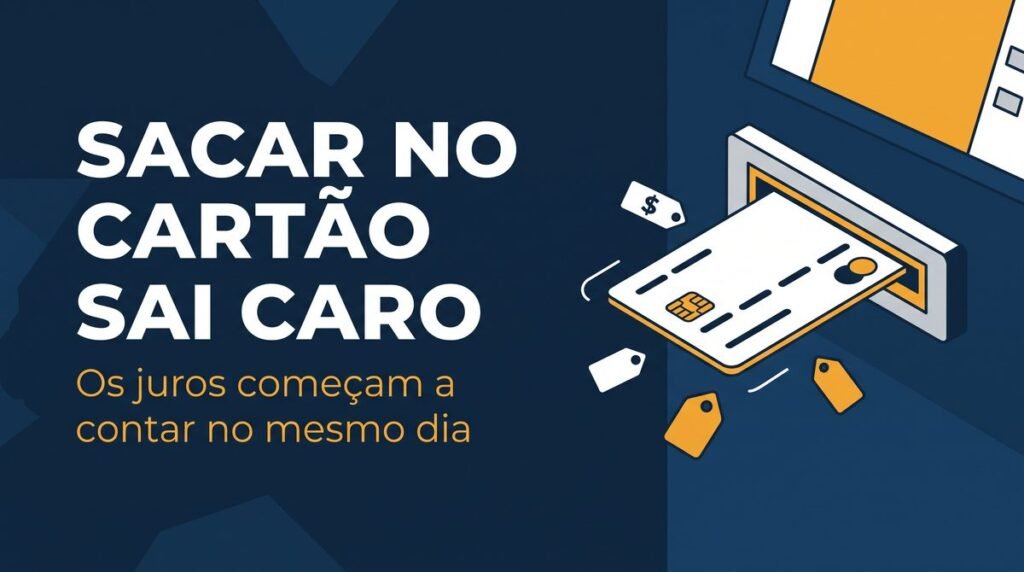 Arte com o texto Sacar no cartão sai caro ao lado de um cartão sendo inserido num caixa eletrônico com etiquetas de tarifa