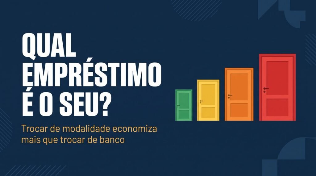 Arte com a pergunta Qual empréstimo é o seu? ao lado de portas coloridas representando modalidades de crédito