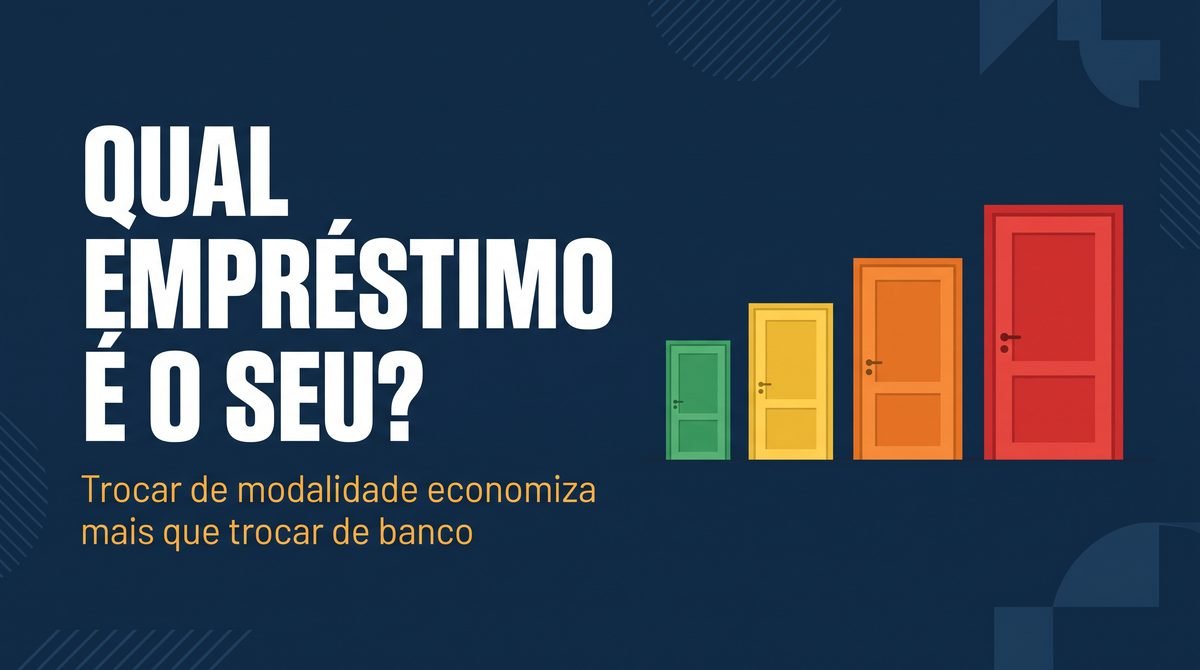 Arte com a pergunta Qual empréstimo é o seu? ao lado de portas coloridas representando modalidades de crédito