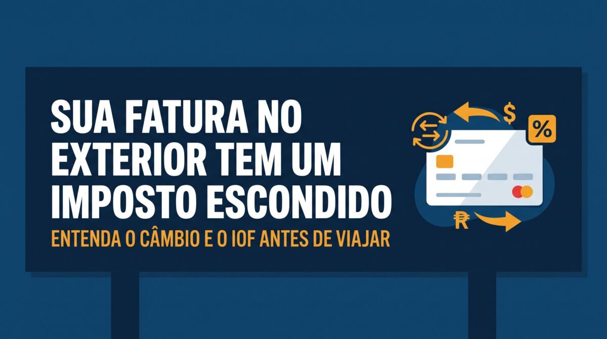 Outdoor publicitário sobre imposto escondido na fatura do exterior, cambio e IOF no cartão de crédito