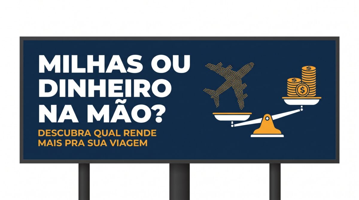Outdoor publicitário comparando milhas e dinheiro na mão, sobre qual rende mais para quem viaja