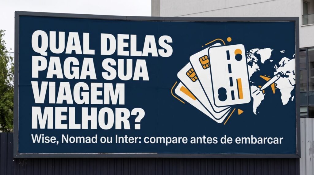 Ilustração estilo outdoor publicitário comparando cartões internacionais Wise, Nomad e Inter para viagem