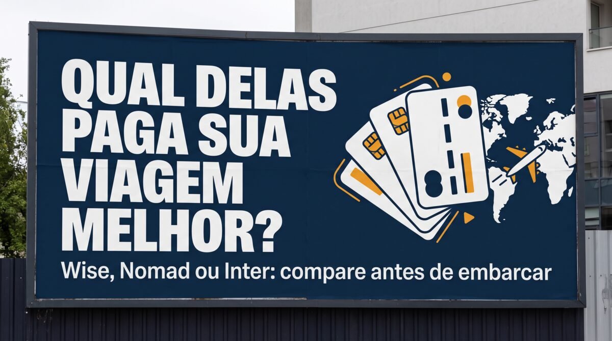 Ilustração estilo outdoor publicitário comparando cartões internacionais Wise, Nomad e Inter para viagem